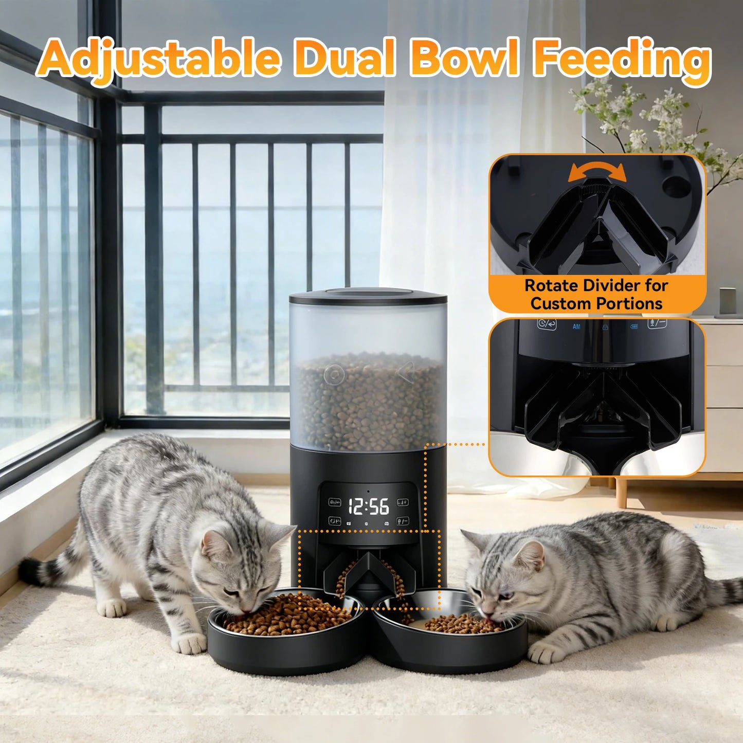 Automatic Cat Feeder With Dual Power Supply And Stainless Bowls