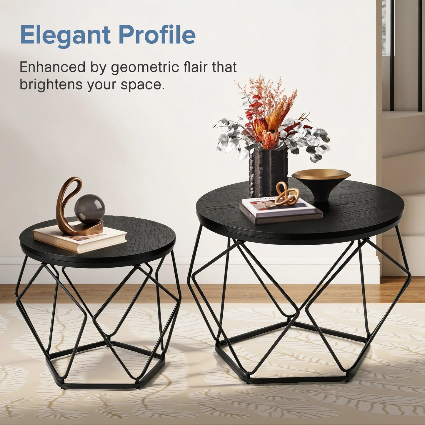 JHK Round Geometric Coffee Tables Set With Hidden Storage