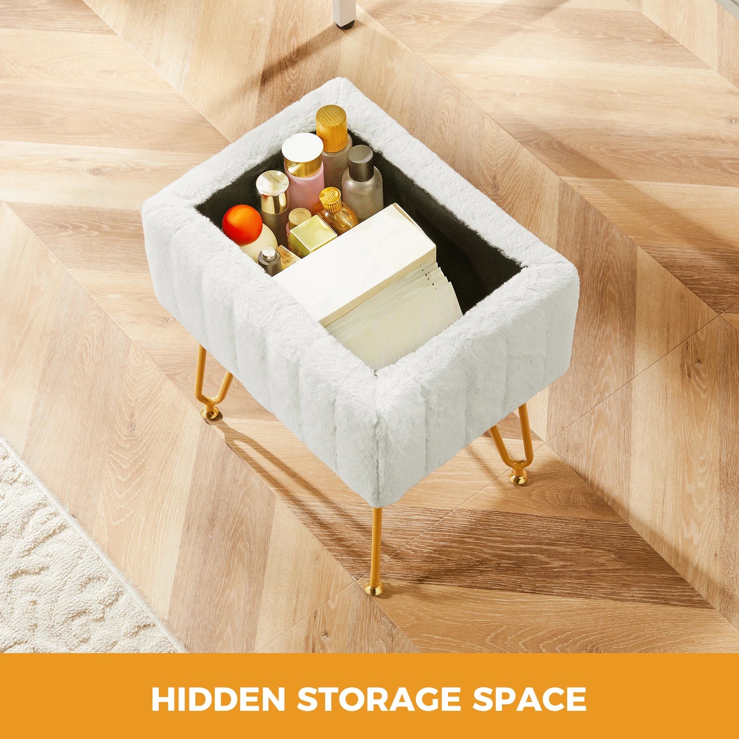 JHK Modern Faux Fur Storage Ottoman With Metal Legs