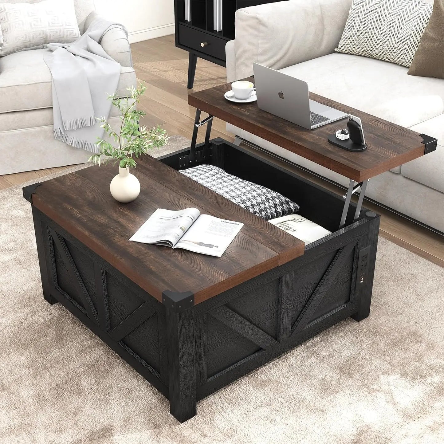 HUANZHUANG Wood Square Coffee Table With Storage And Charging Station