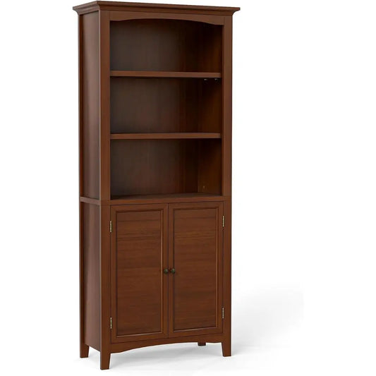 Solid Wood 5 Tier Adjustable Bookcase With Doors Storage