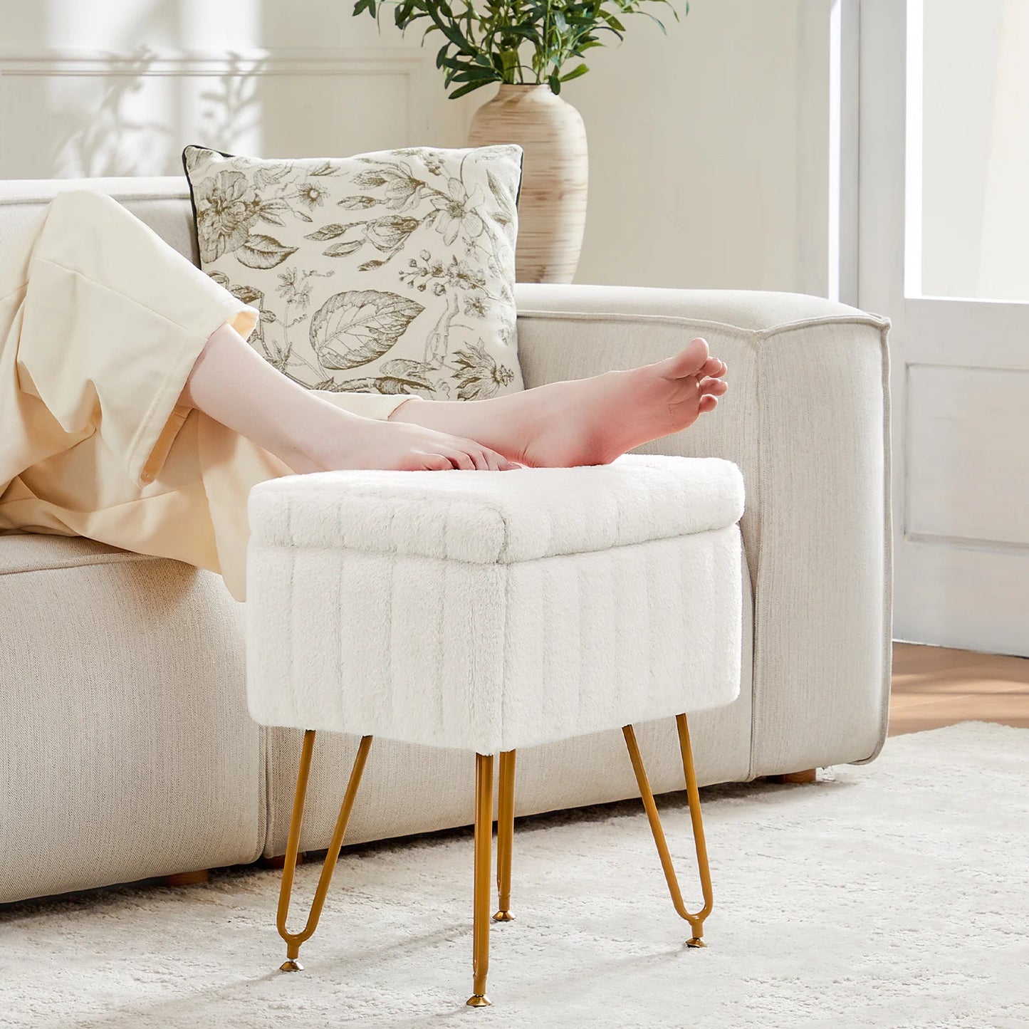 JHK Modern Faux Fur Storage Ottoman With Metal Legs