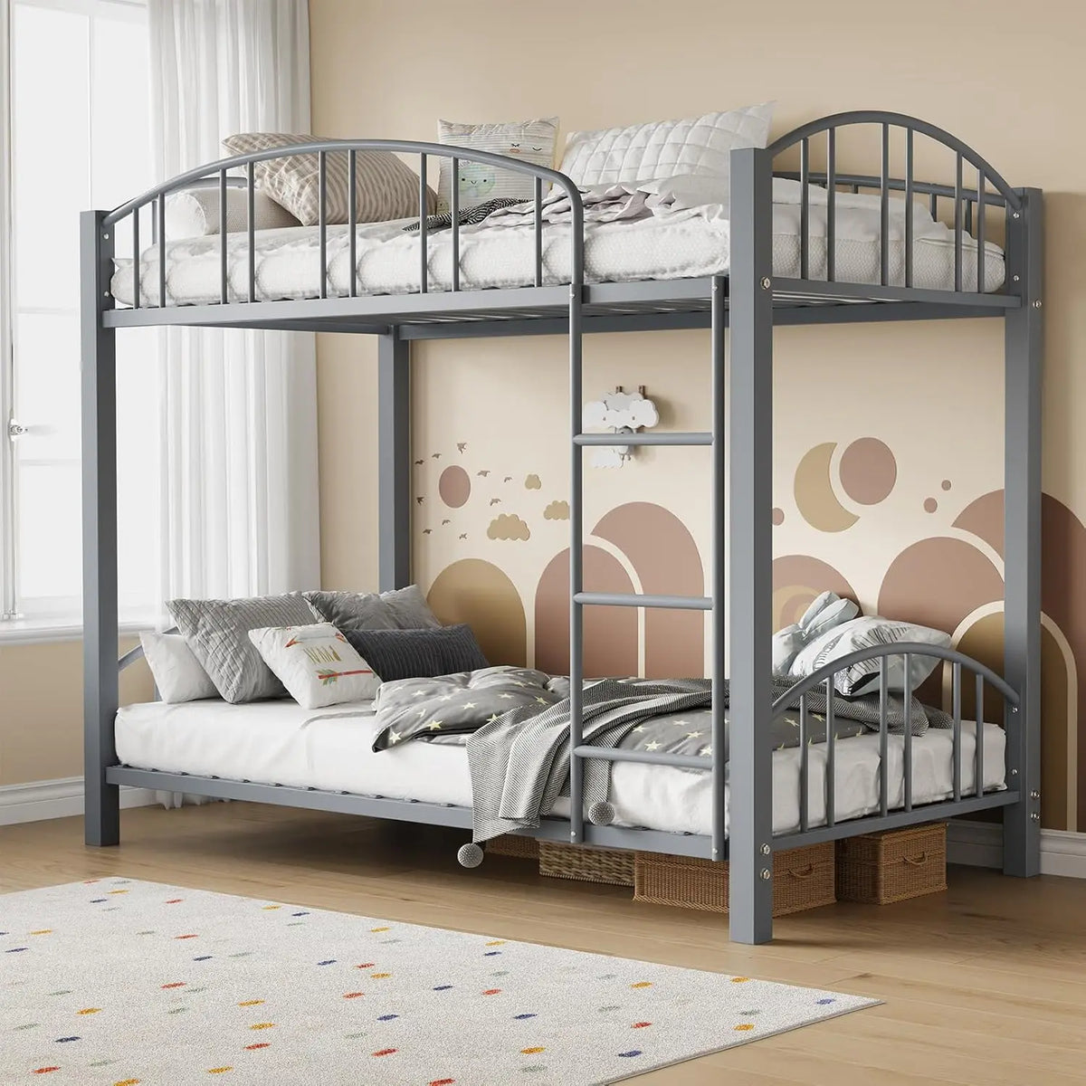 HiMISS Metal Bunk Bed Frame With Safety Ladder And Guardrails