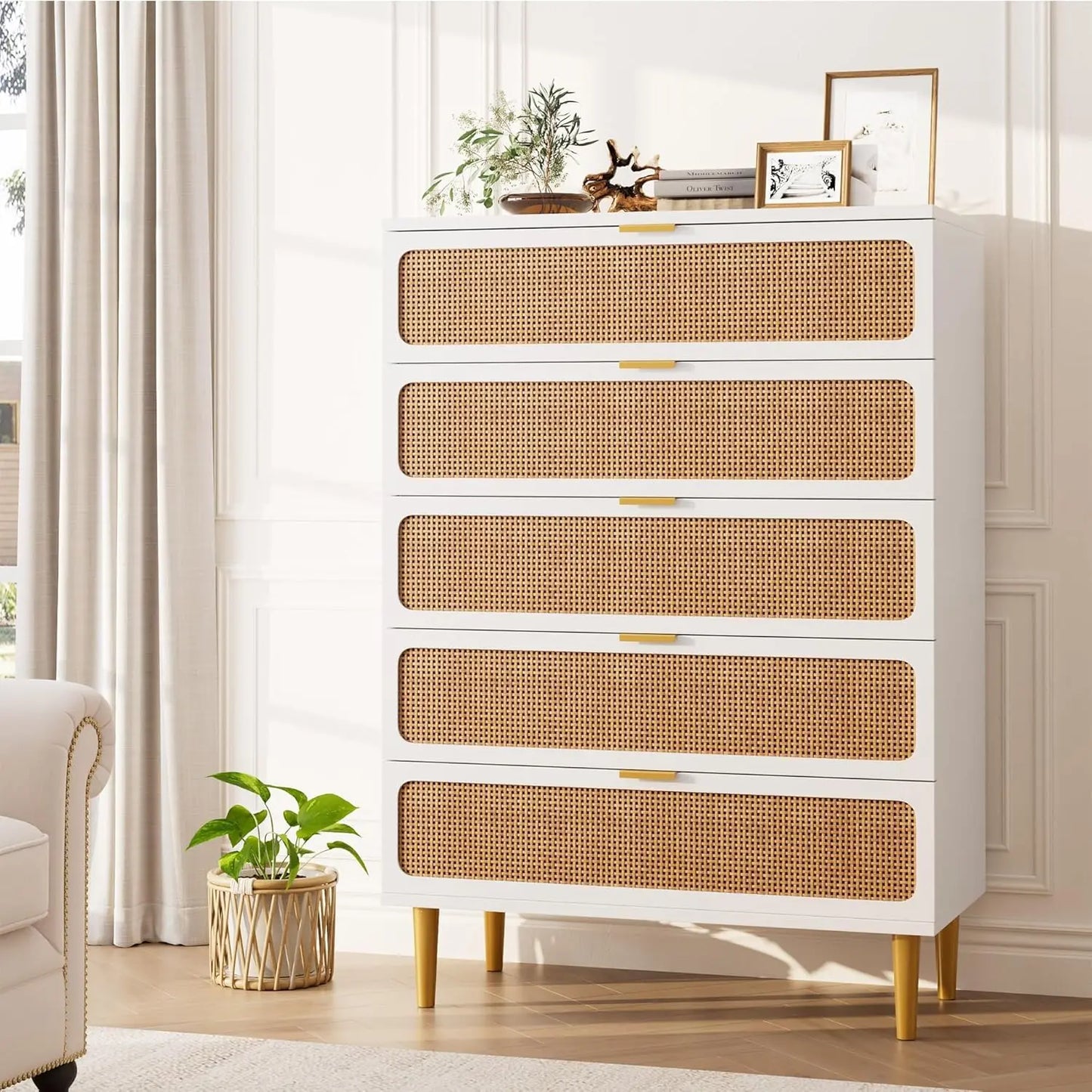 Natural Rattan Woven Five Drawer Wooden Bedroom Dresser