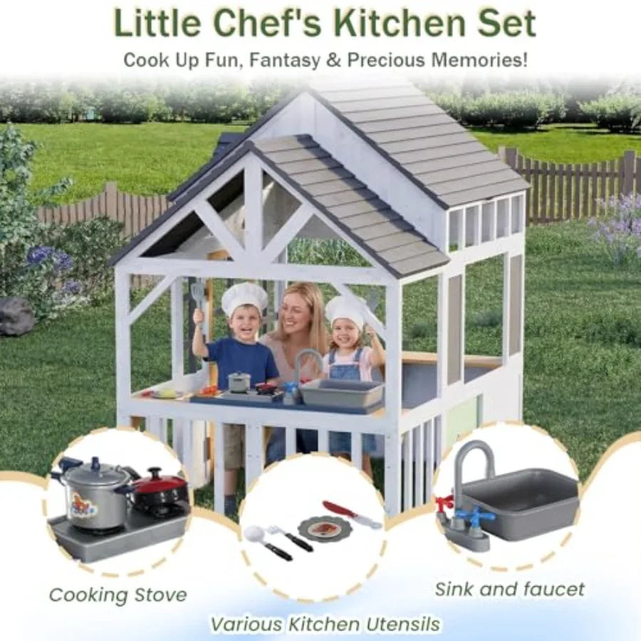 MDNG Outdoor Wooden Playhouse With Kitchen And Blackboard For Kids
