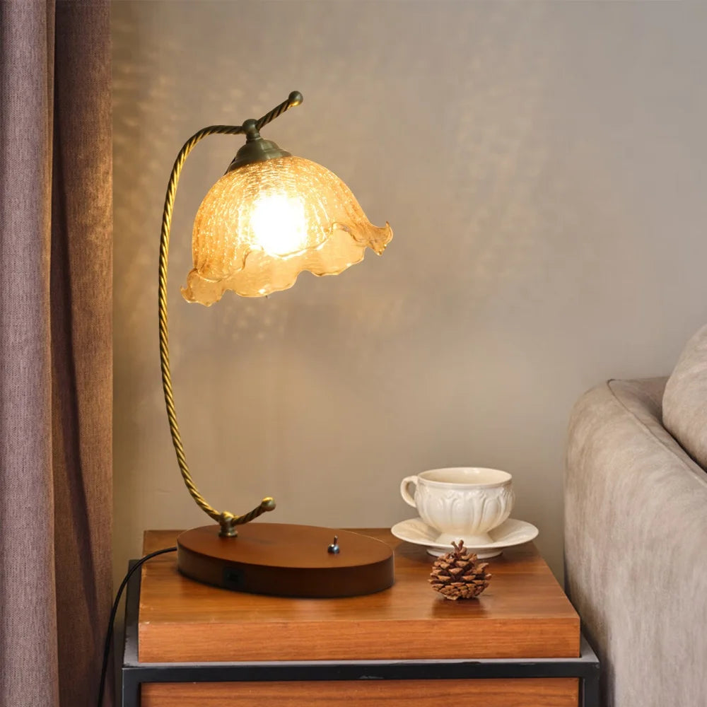 Modern Gold Glass Flower Desk Lamp With Bulbs