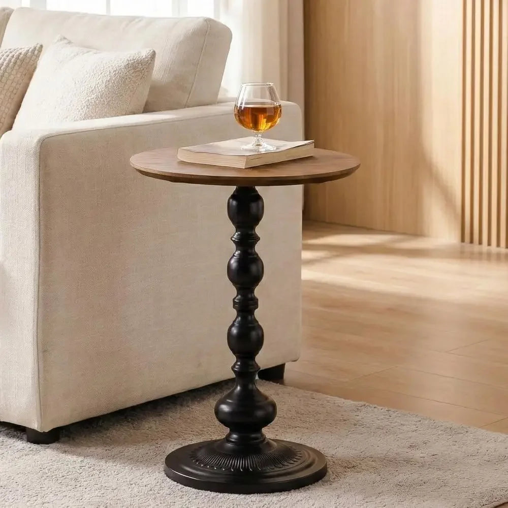 Round End Table With Wood Top And Black Pedestal Base