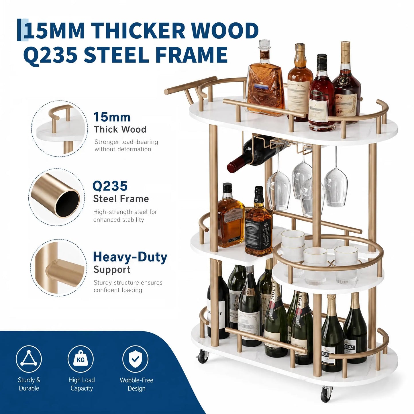 Himiss 3 Tier Rolling Bar Cart With Wine Rack And Glass Holder