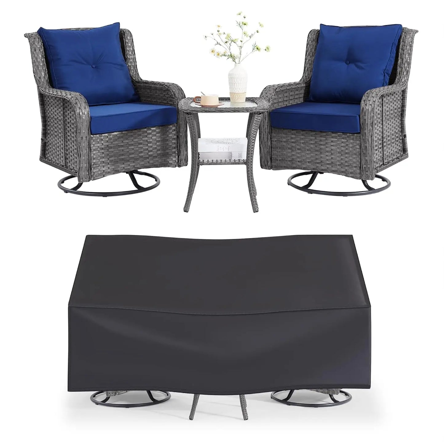 Wicker Patio Furniture Set With Swivel Rocking Chairs And Table