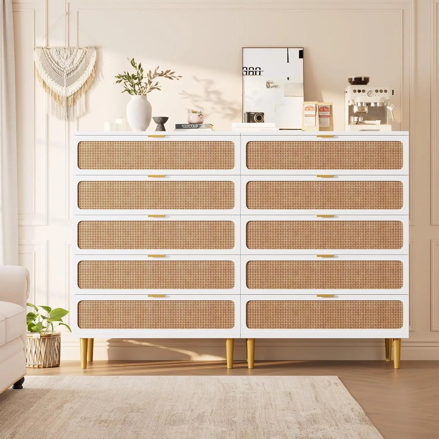 Natural Rattan Woven Five Drawer Wooden Bedroom Dresser