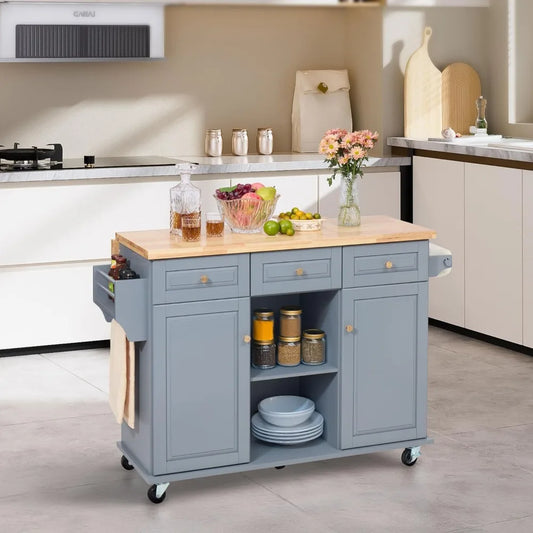Large Rolling Kitchen Island With Drop Leaf Rubber Wood Top