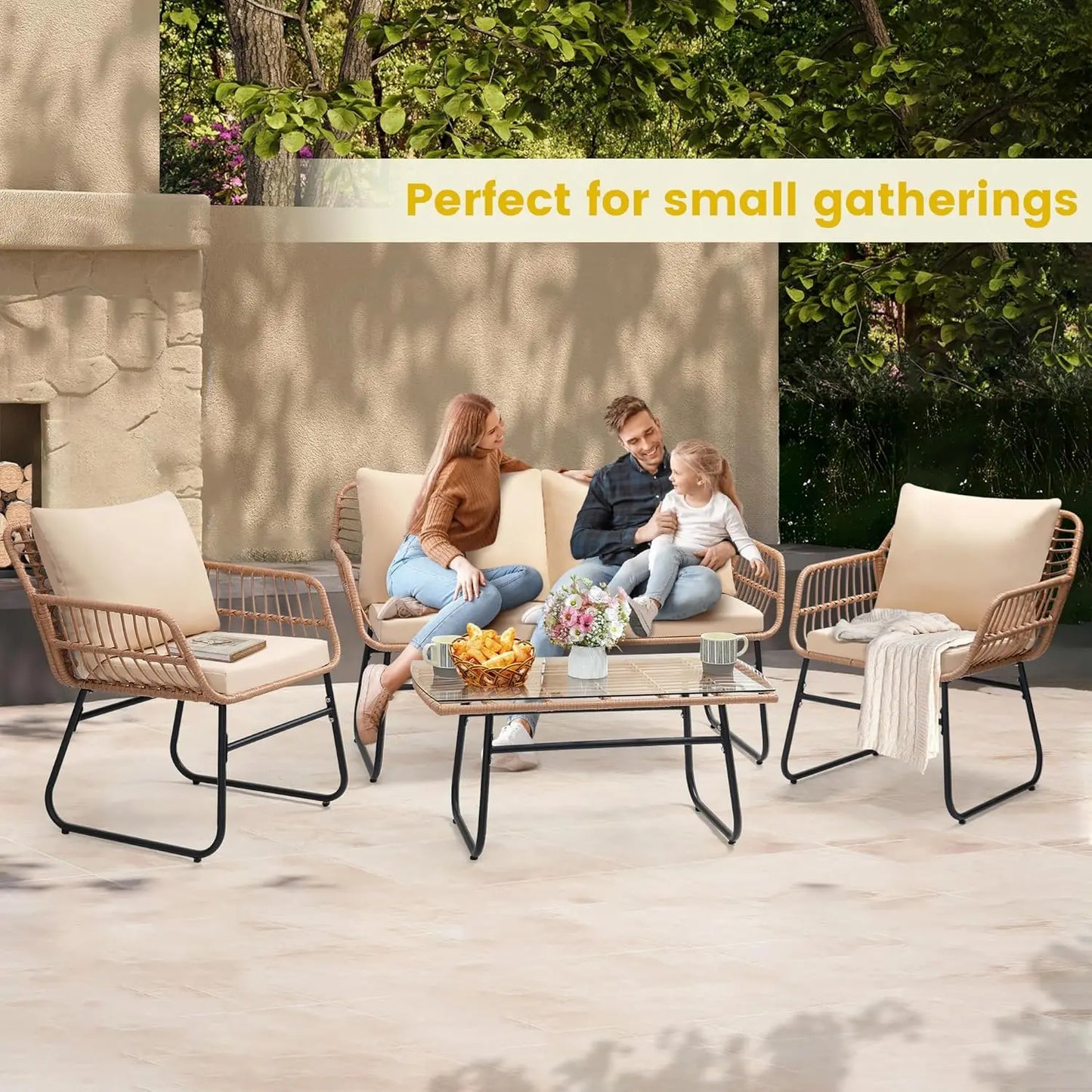 4 Piece Rattan Patio Bistro Set with Modern Style