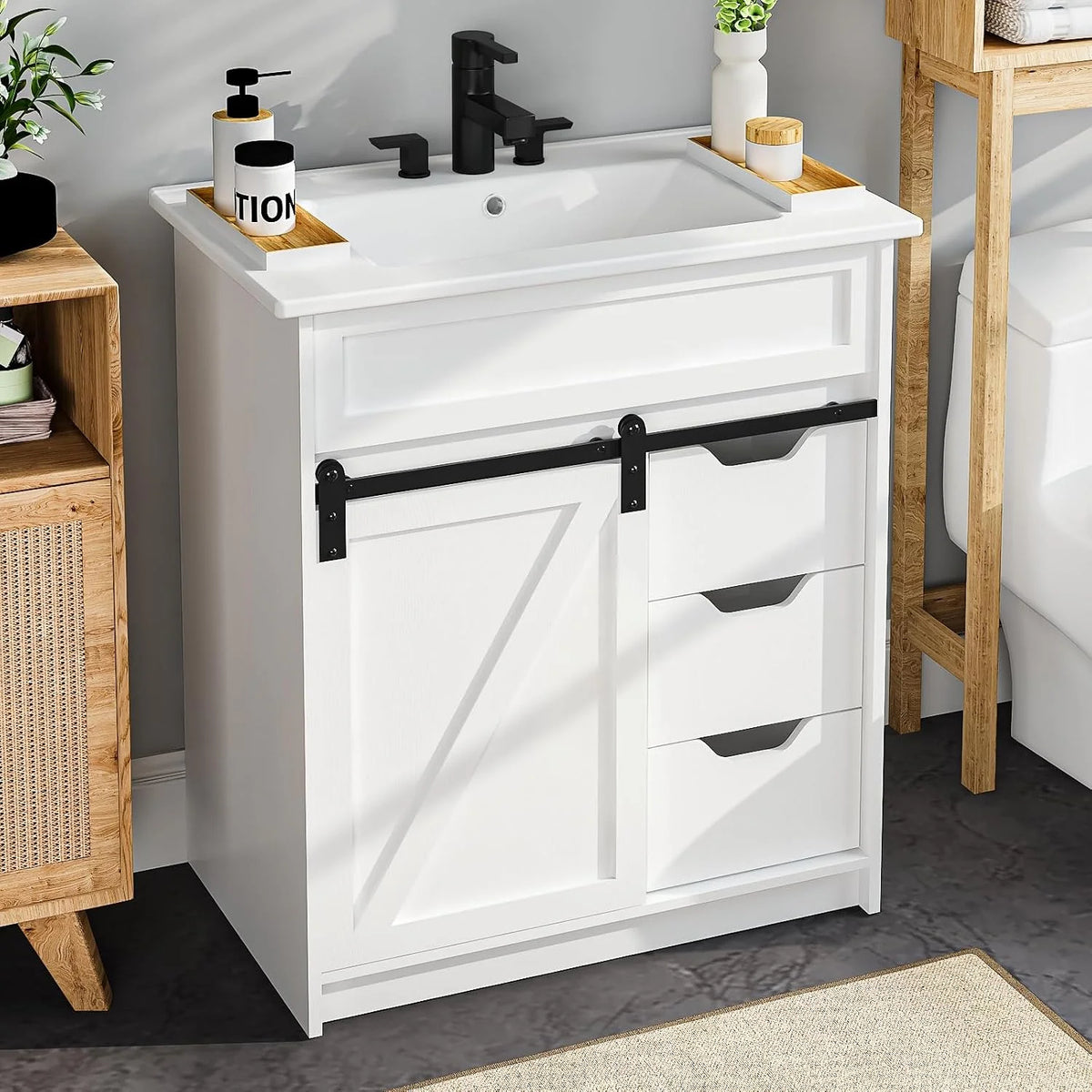 EVOKEDEN Farmhouse Bathroom Vanity Cabinet With Sink And Drawers
