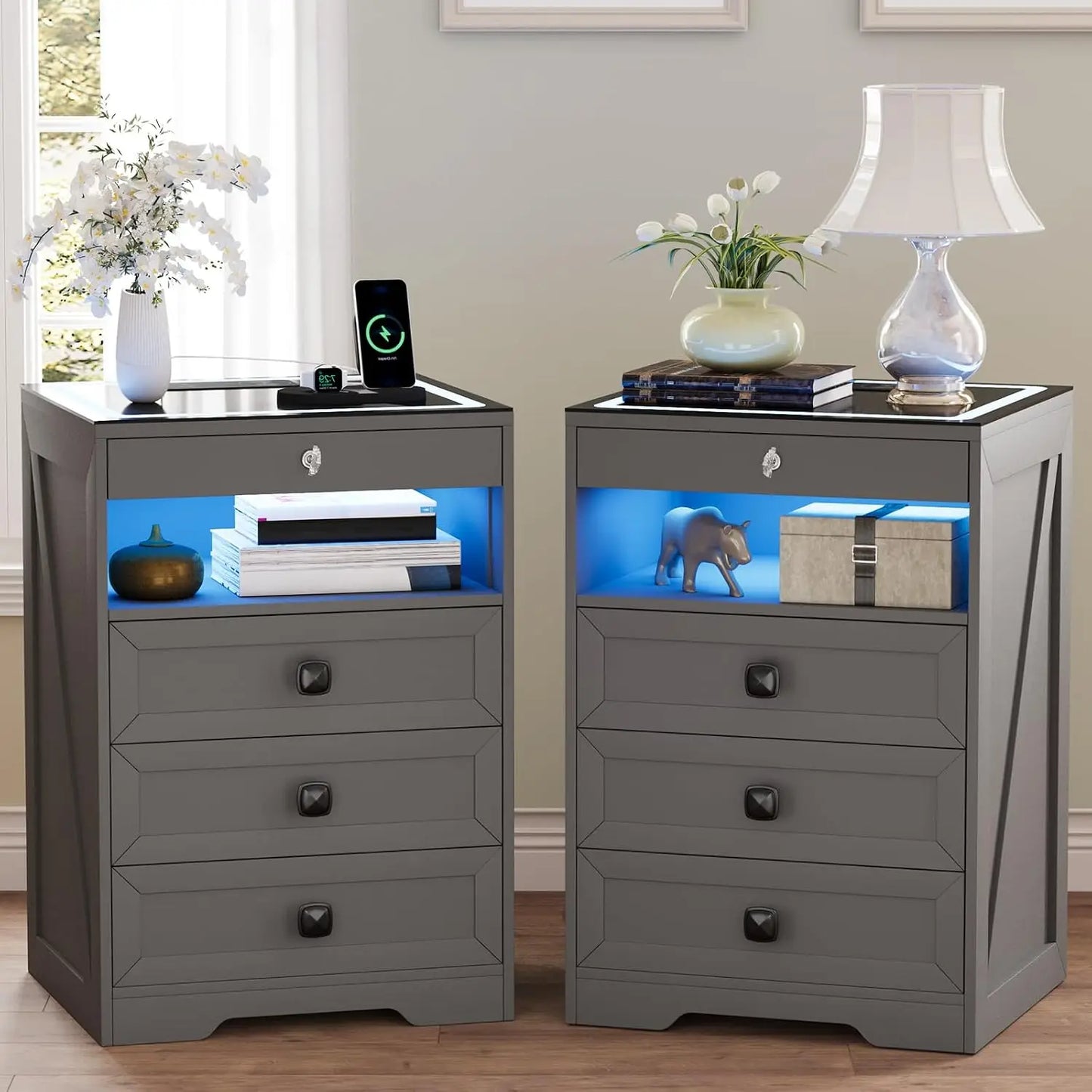 Minimalist Wooden Nightstand Set With Integrated Led Lights And Charger