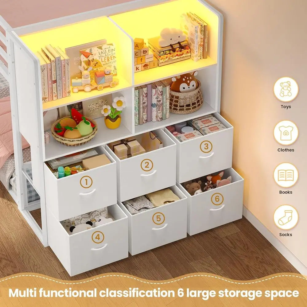 Twin Over Twin Bunk Bed With Storage Shelves And Led