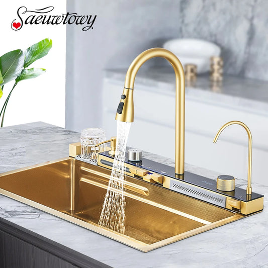 Brushed Golden Smart Digital Display Kitchen Sink Set With Waterfall Faucet