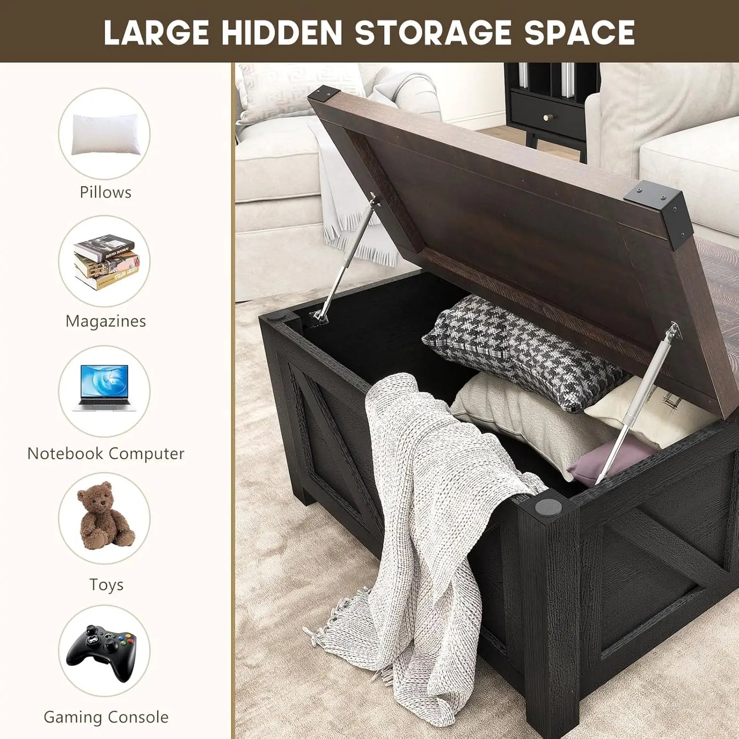 HUANZHUANG Wood Square Coffee Table With Storage And Charging Station