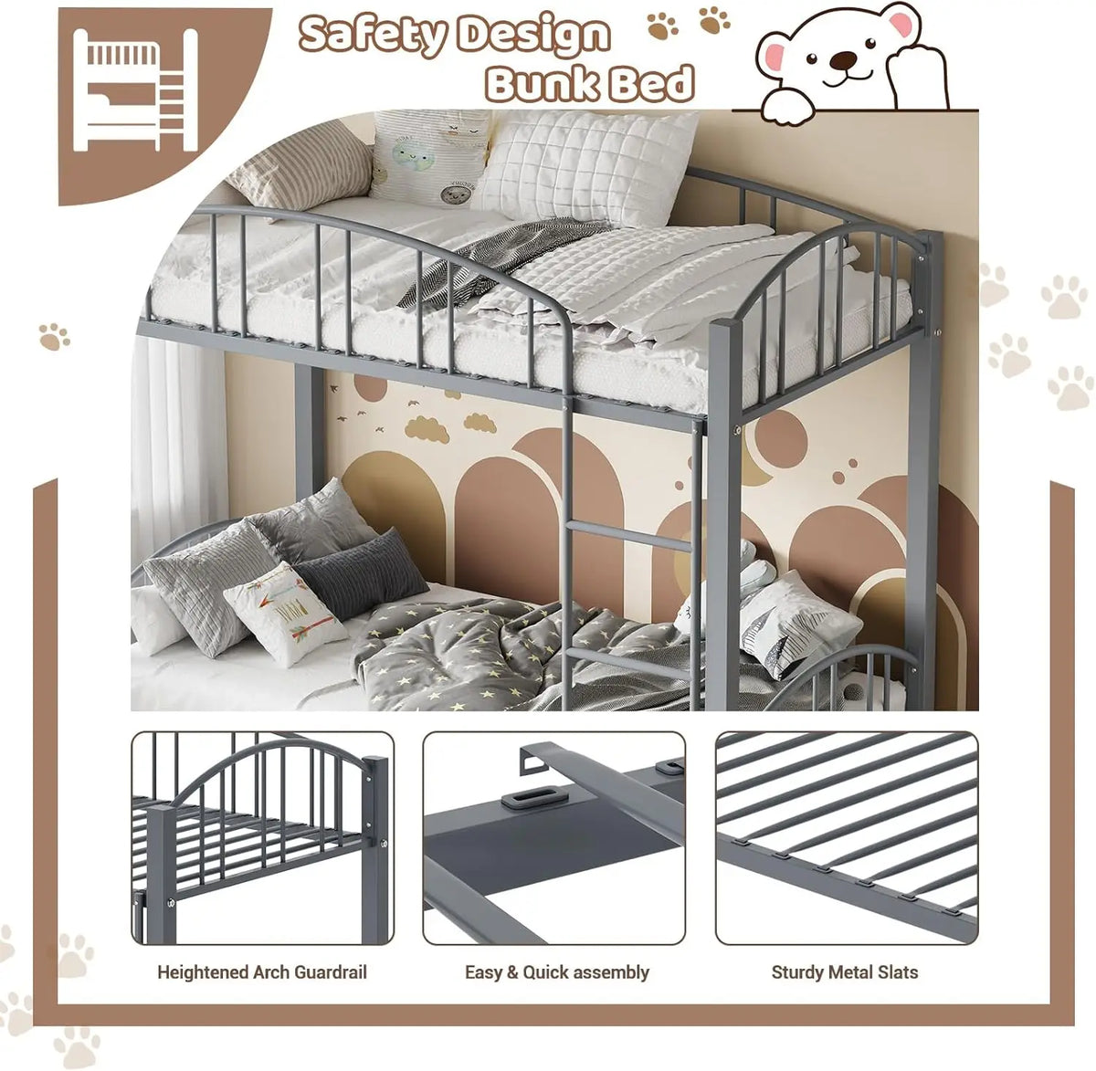 HiMISS Metal Bunk Bed Frame With Safety Ladder And Guardrails