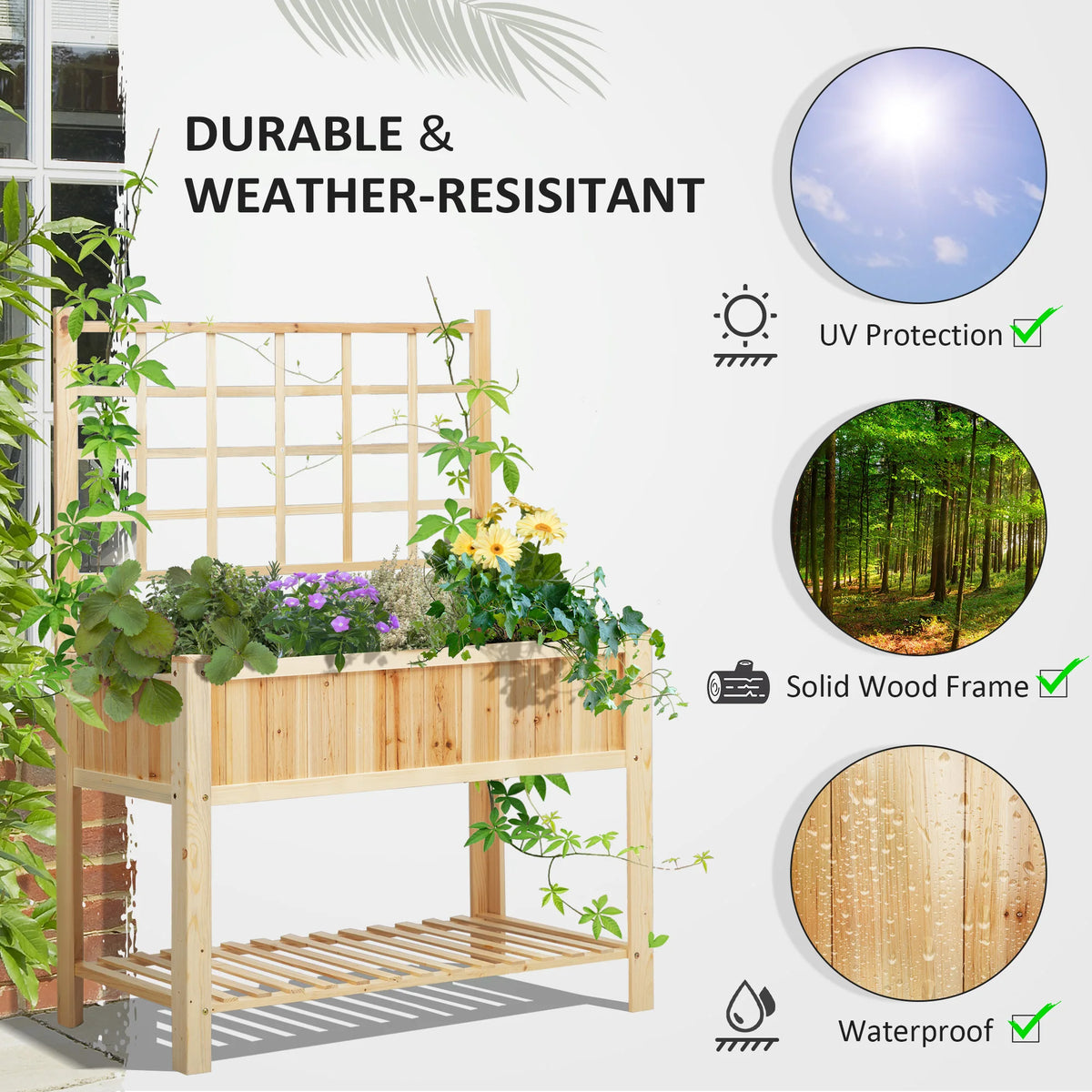 Outsunny Wooden Raised Garden Bed Planter With Trellis And Shelf