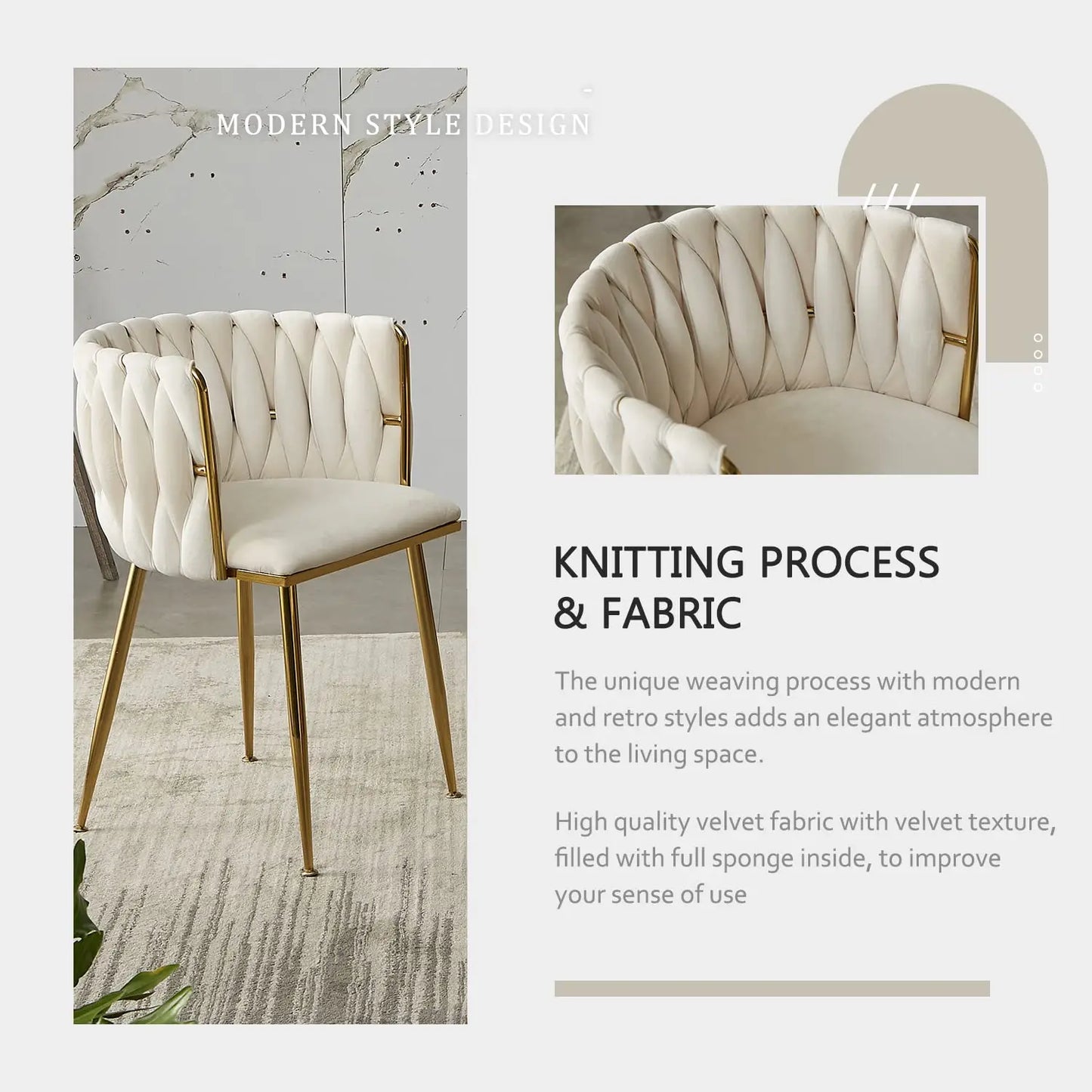 Velvet Dining Chairs Set With Golden Legs And Woven Back