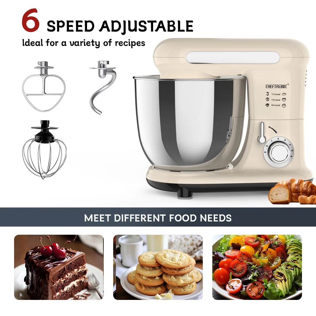 Cheftronic Tilt Head Electric Stand Mixer With Dough Hook Attachments