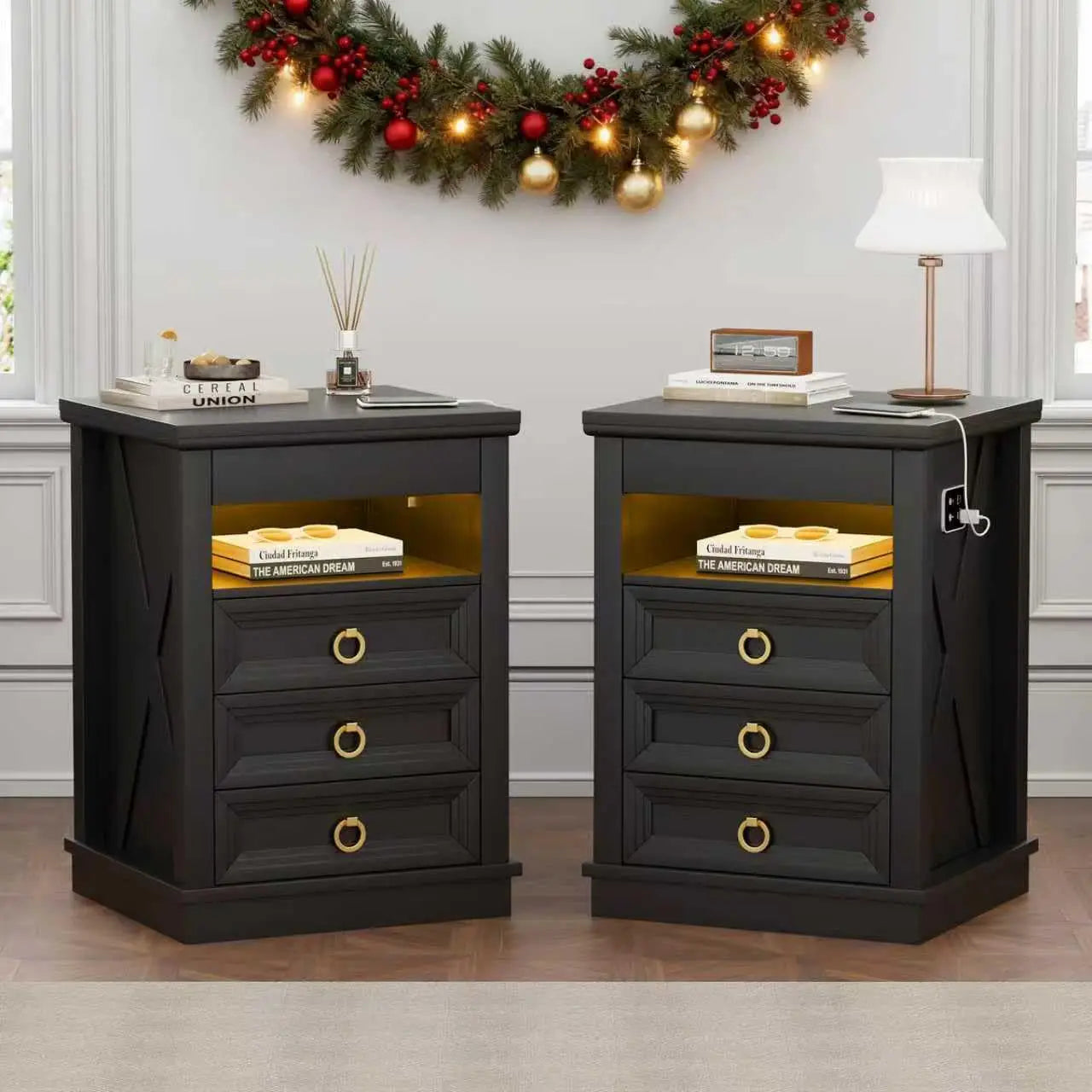 Minimalist Wooden Nightstand Set With Integrated Led Lights And Charger