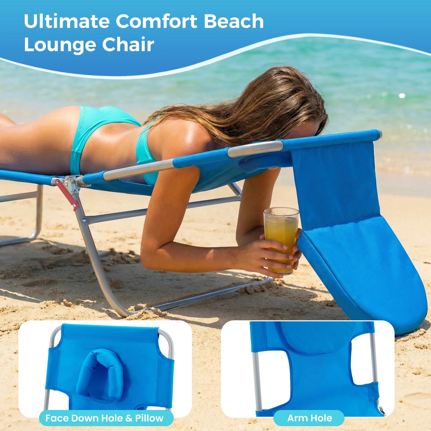 JHK 5-Position Adjustable Recline Beach Lounge Chair Portable Folding