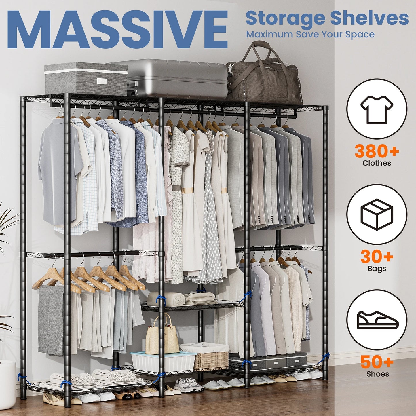Freestanding Metal Clothes Rack Heavy Duty Portable Home Storage Organizer