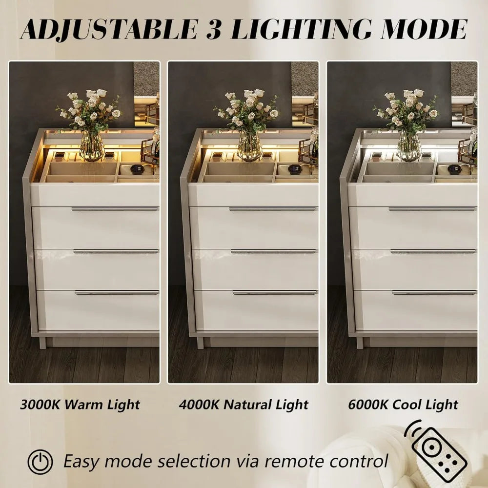 Modern High Gloss 8-Drawer Dresser with LED Lighting, Glass Top and 2 Six-Grid Jewelry Drawers
