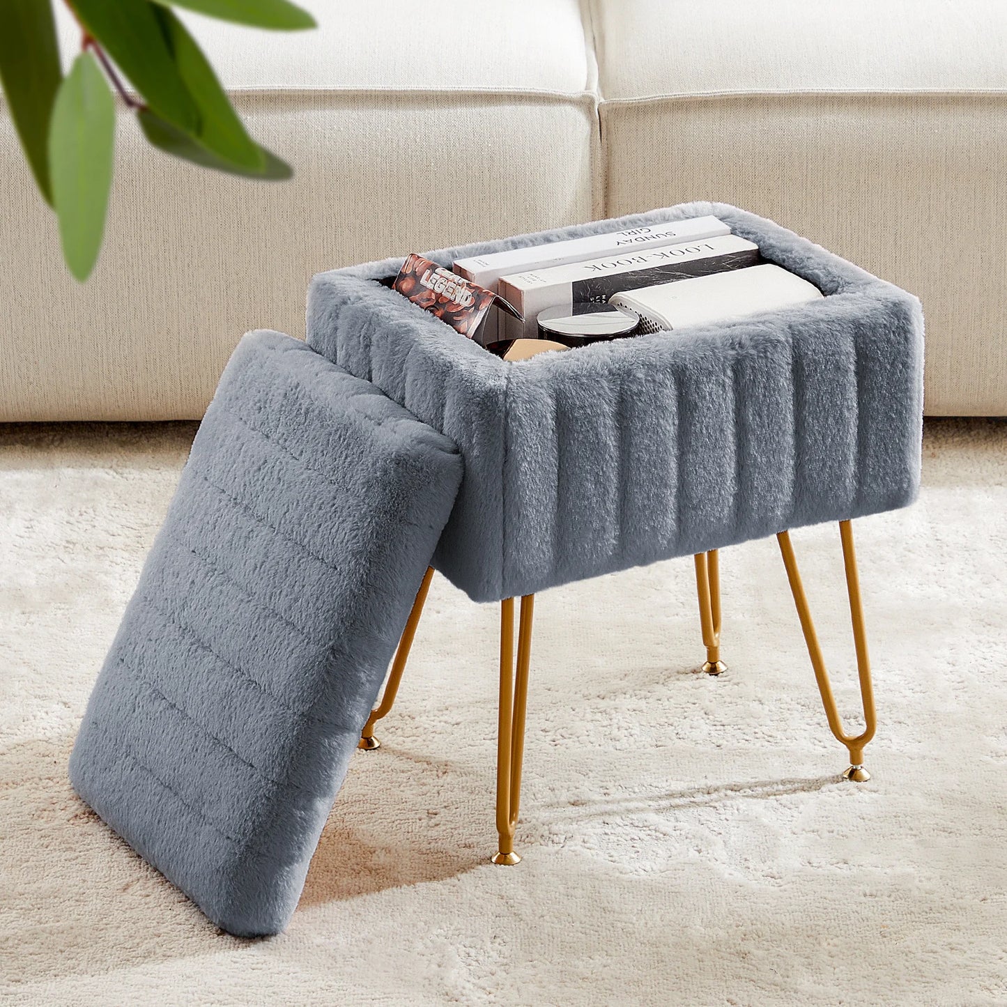 JHK Modern Faux Fur Storage Ottoman With Metal Legs
