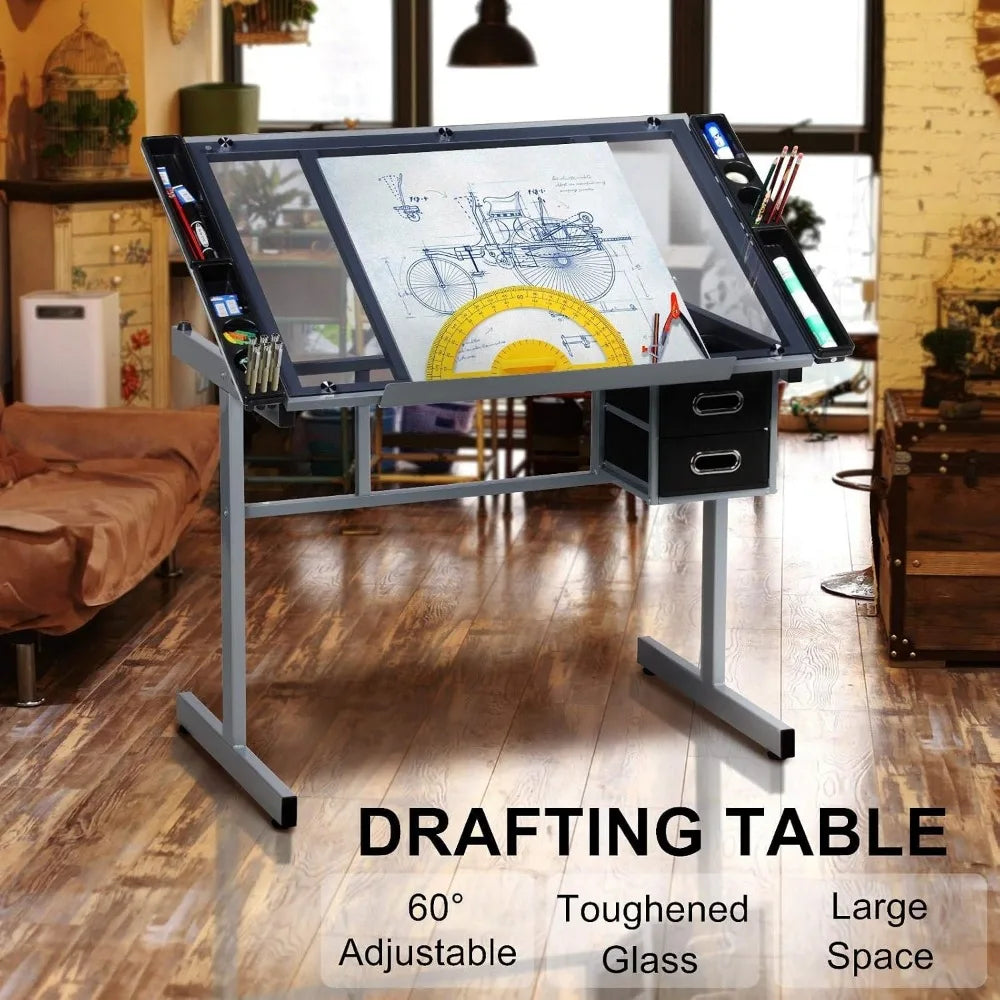 Adjustable Tempered Glass Drafting Table With Tilt Surface And Drawers