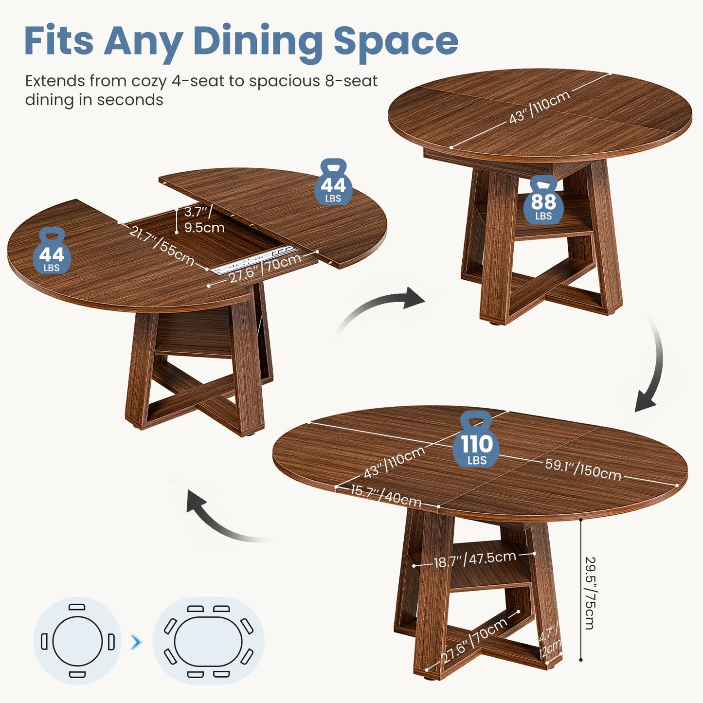 JHK Extendable Wood Dining Table With Storage Shelf Pedestal Base