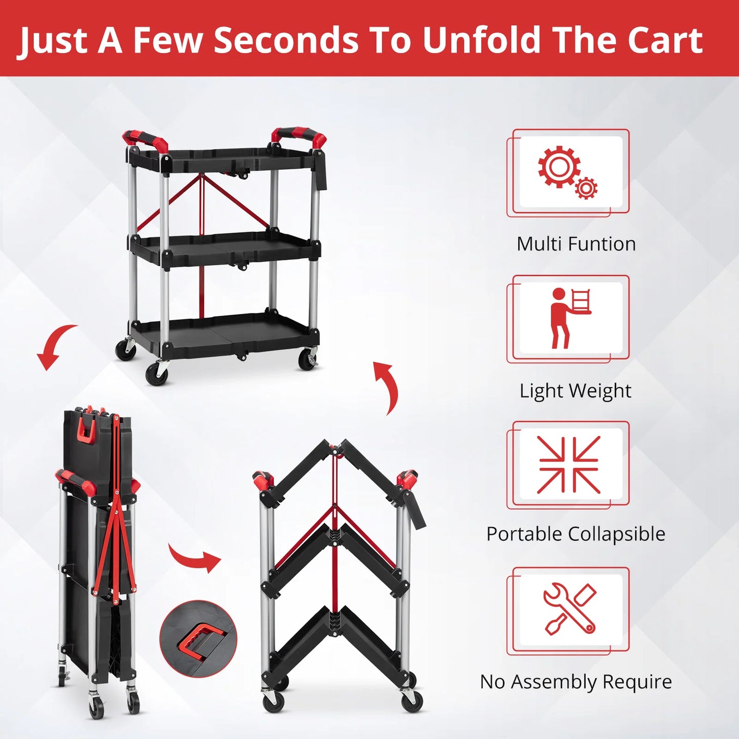 TWISTER.CK Three Tier Foldable Utility Rolling Cart With Locks