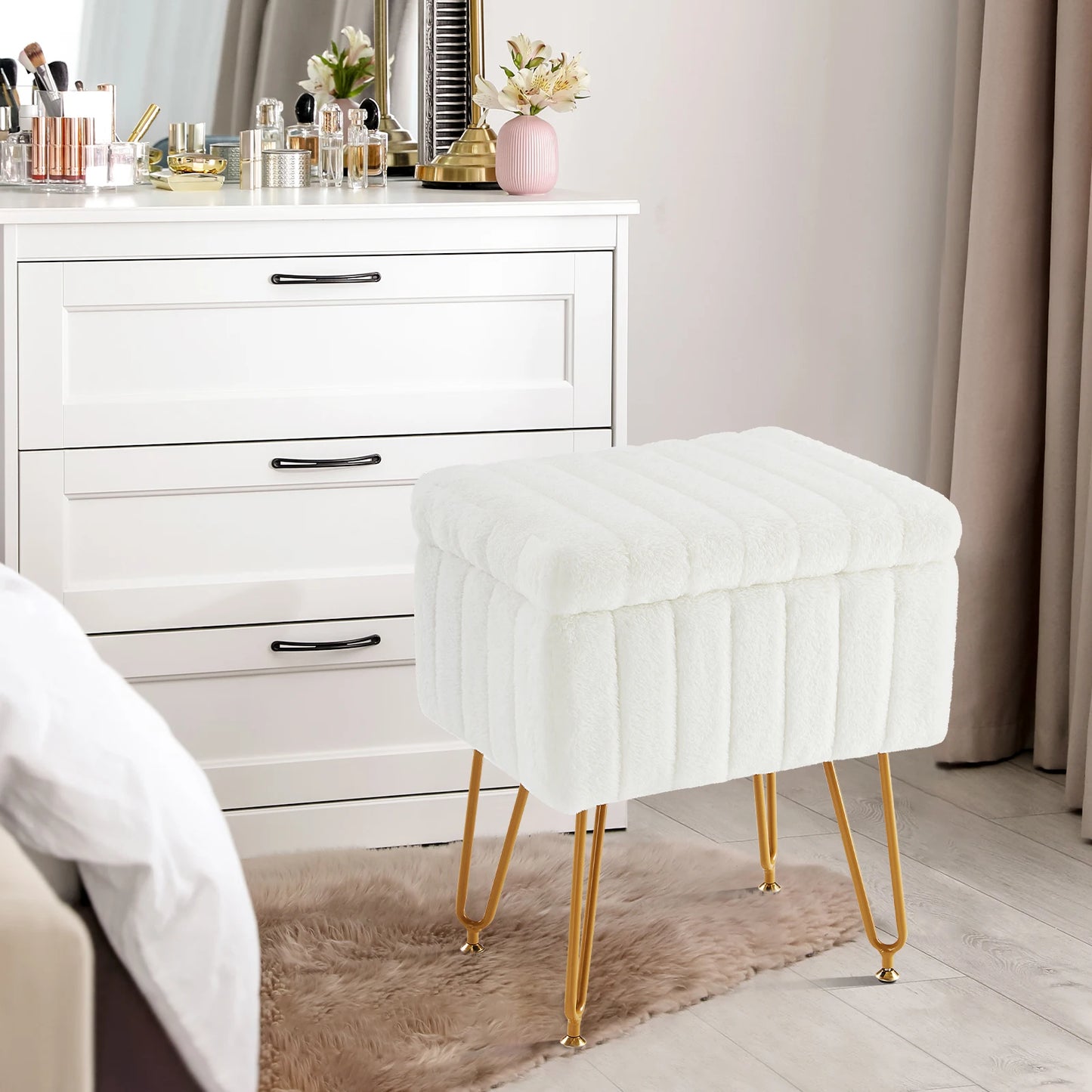 JHK Modern Faux Fur Storage Ottoman With Metal Legs