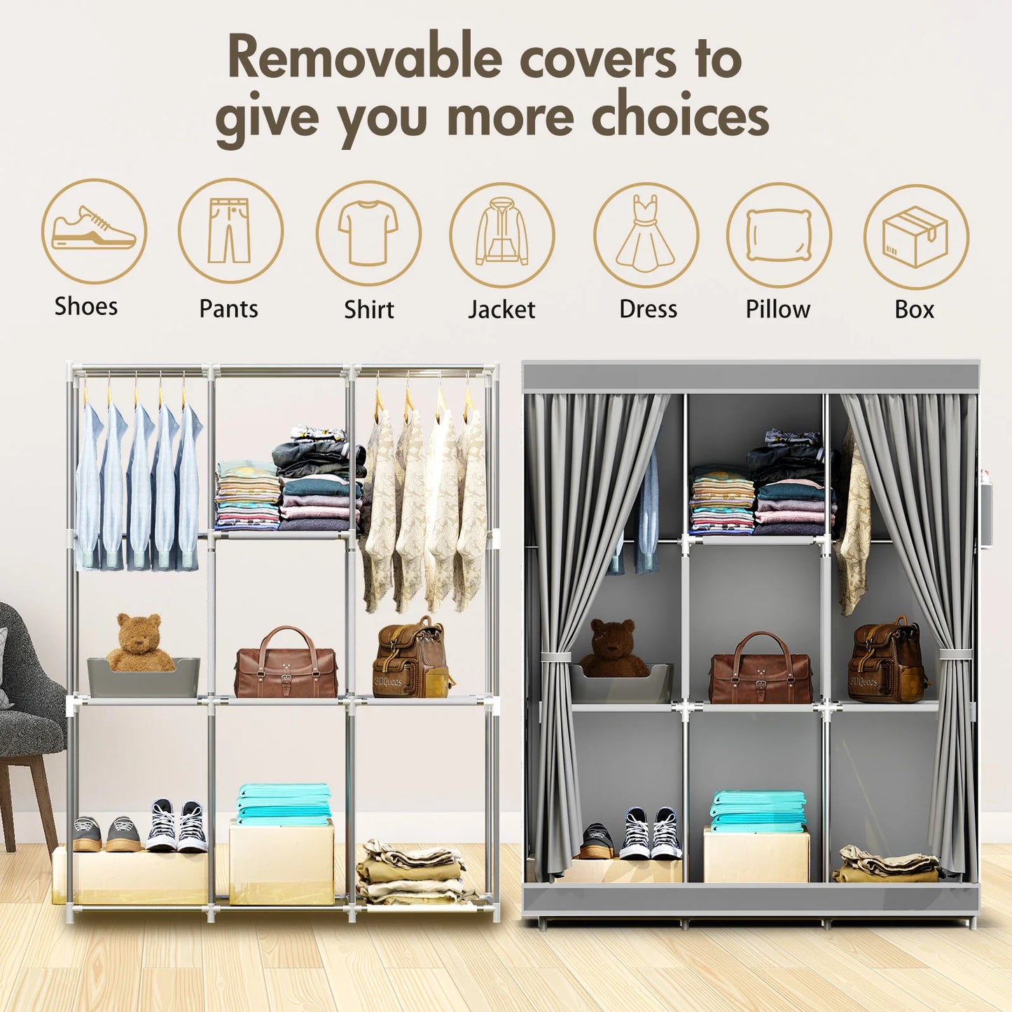 Portable Closet Storage Organizer With Hanging Rod And Fabric Cover