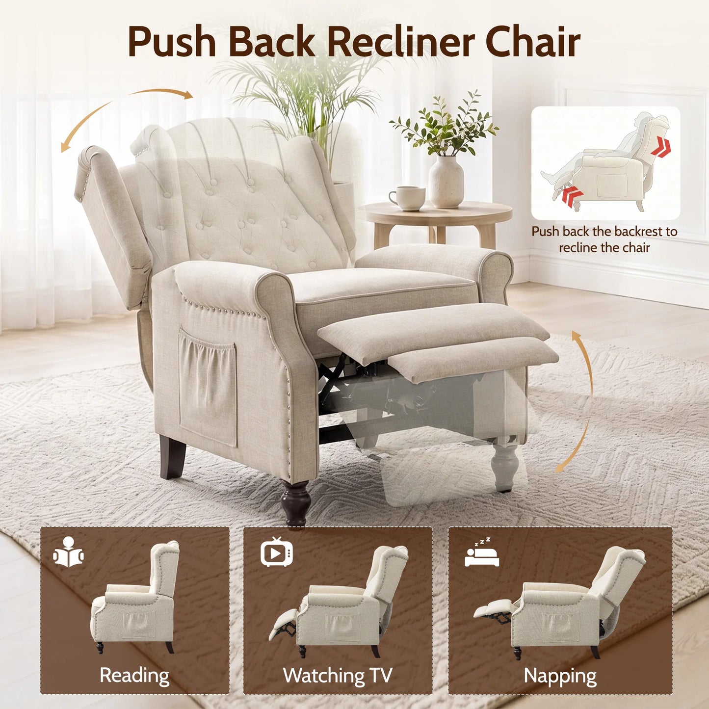 TCGBKAF Mid Century Wingback Massage Heated Recliner Chair Wooden Legs