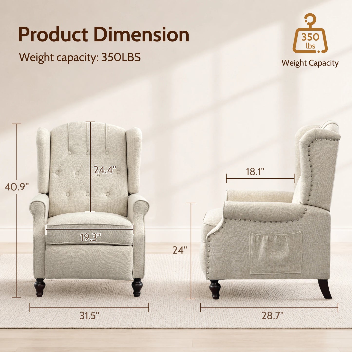 TCGBKAF Mid Century Wingback Massage Heated Recliner Chair Wooden Legs