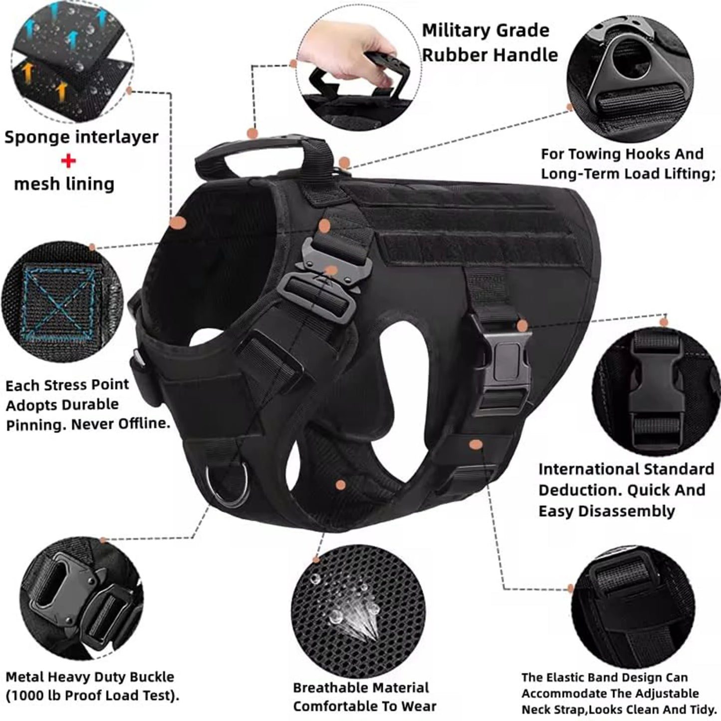 Tactical Padded Dog Harness With Quick Release Molle System