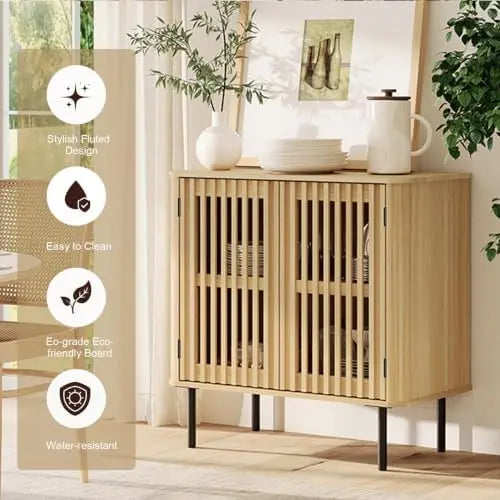 Mid Century Fluted Sideboard Buffet Cabinet With Solid Wood Storage