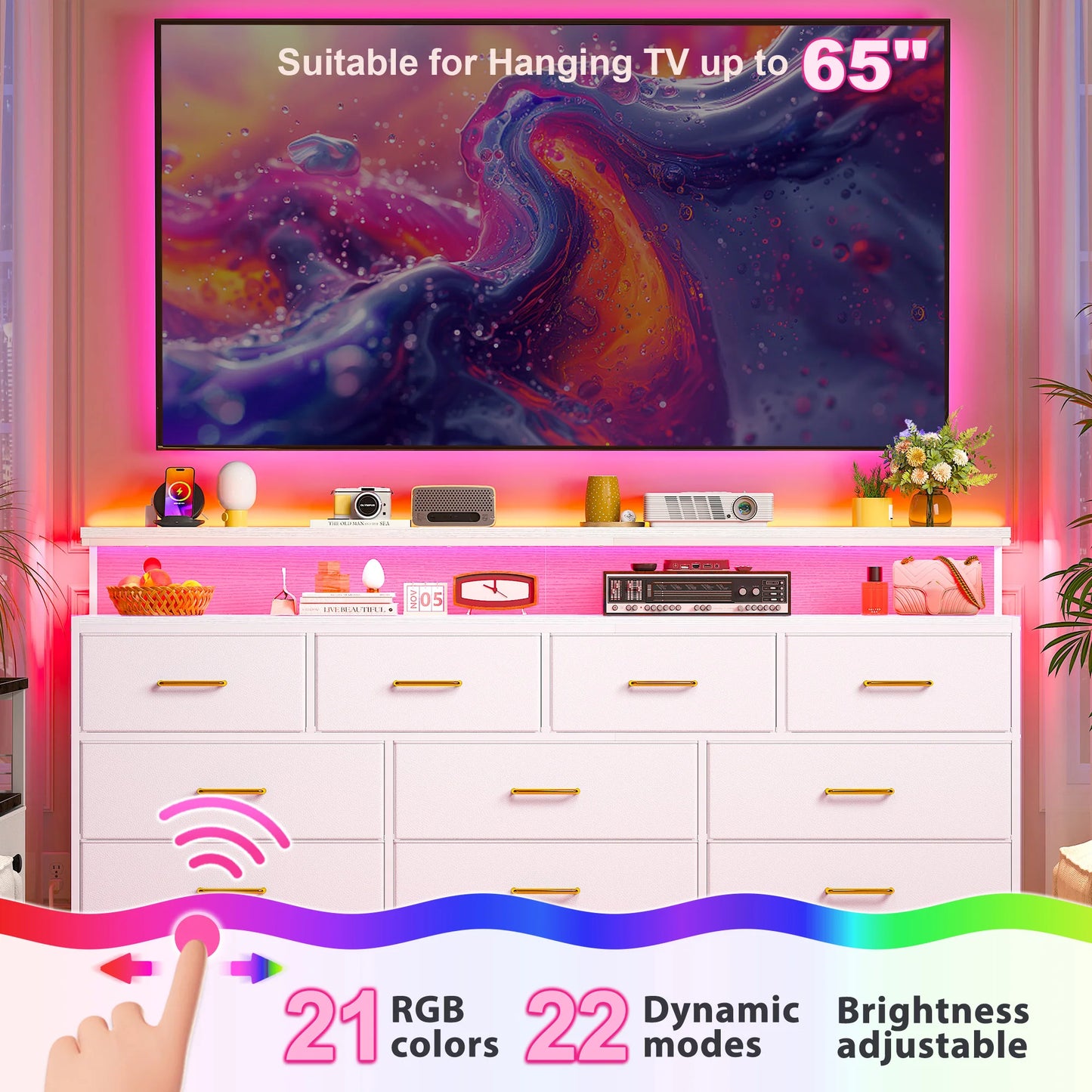 Smart Dresser with LED Lighting and Power Outlets, Metal Frame
