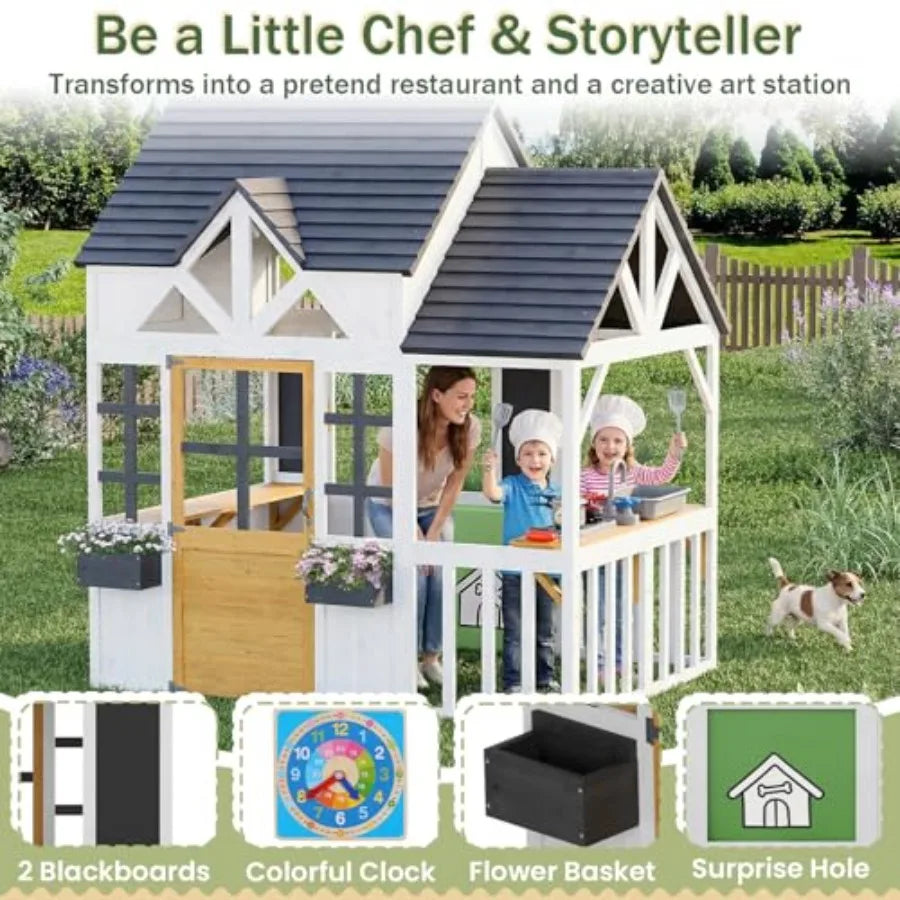 MDNG Outdoor Wooden Playhouse With Kitchen And Blackboard For Kids