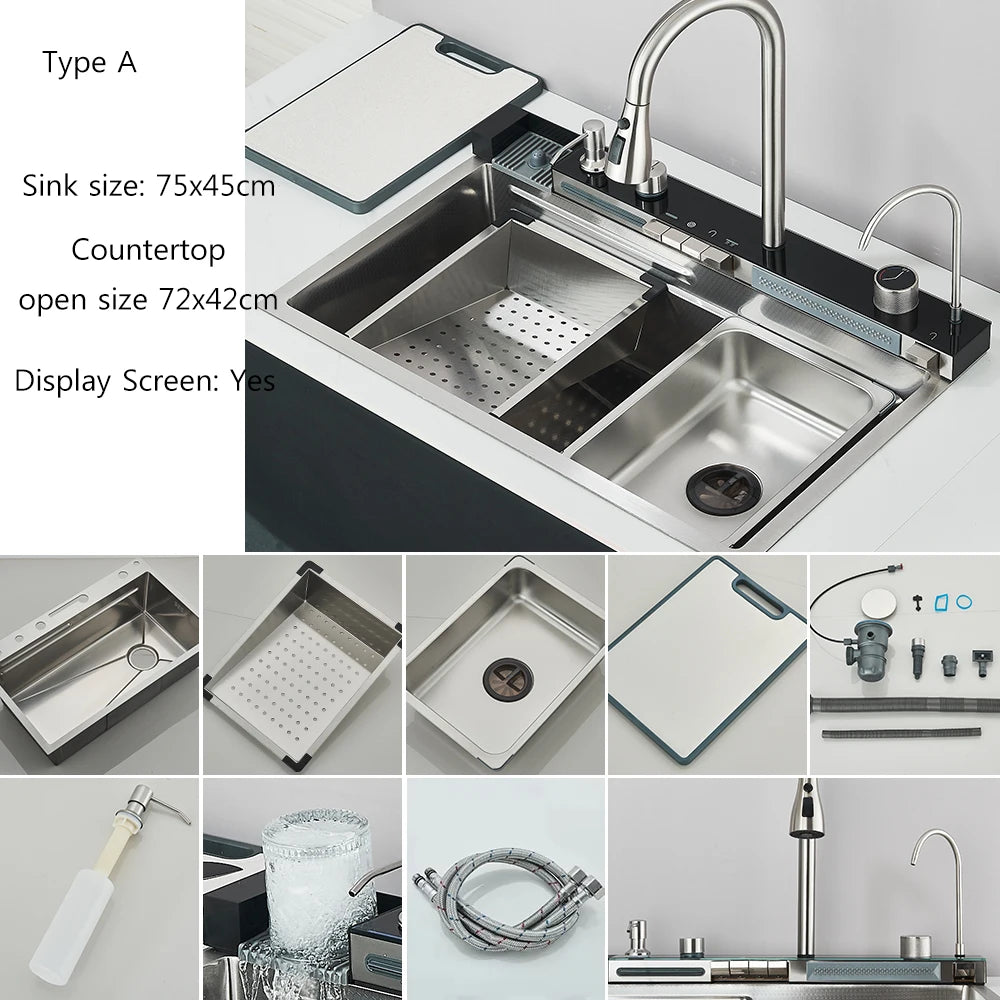 Brushed Golden Smart Digital Display Kitchen Sink Set With Waterfall Faucet