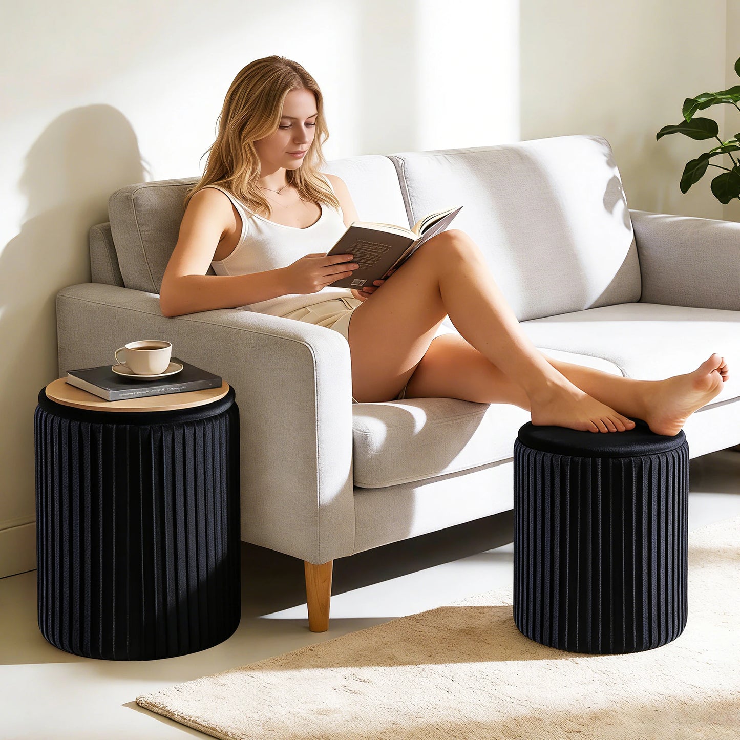 JHK Round Storage Ottoman With Hidden Footstool Toy Box