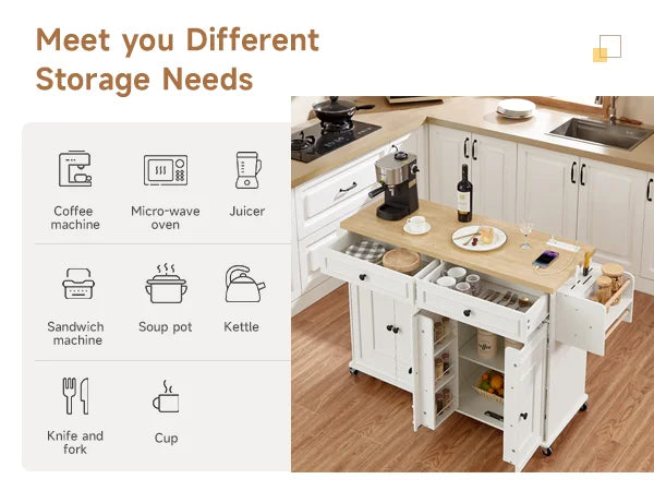 Mobile Wood Kitchen Island With Drop Leaf And Power Outlet