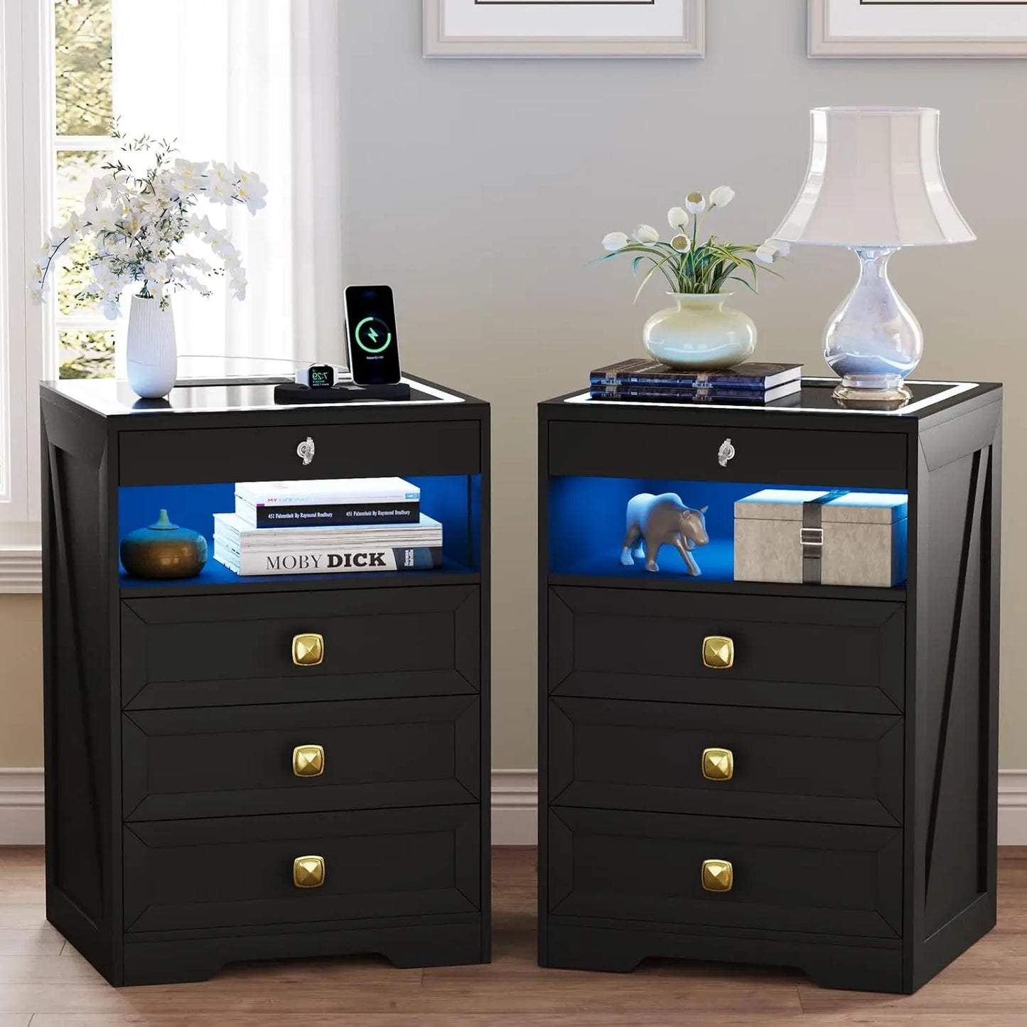 Minimalist Wooden Nightstand Set With Integrated Led Lights And Charger