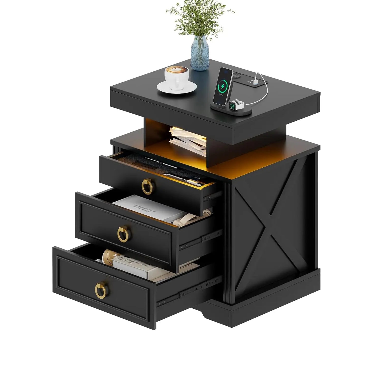 Minimalist Wooden Nightstand Set With Integrated Led Lights And Charger