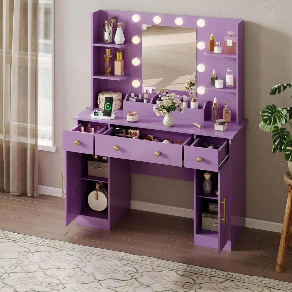 Makeup Vanity Desk With Mirror LED Lighting And Power Outlet