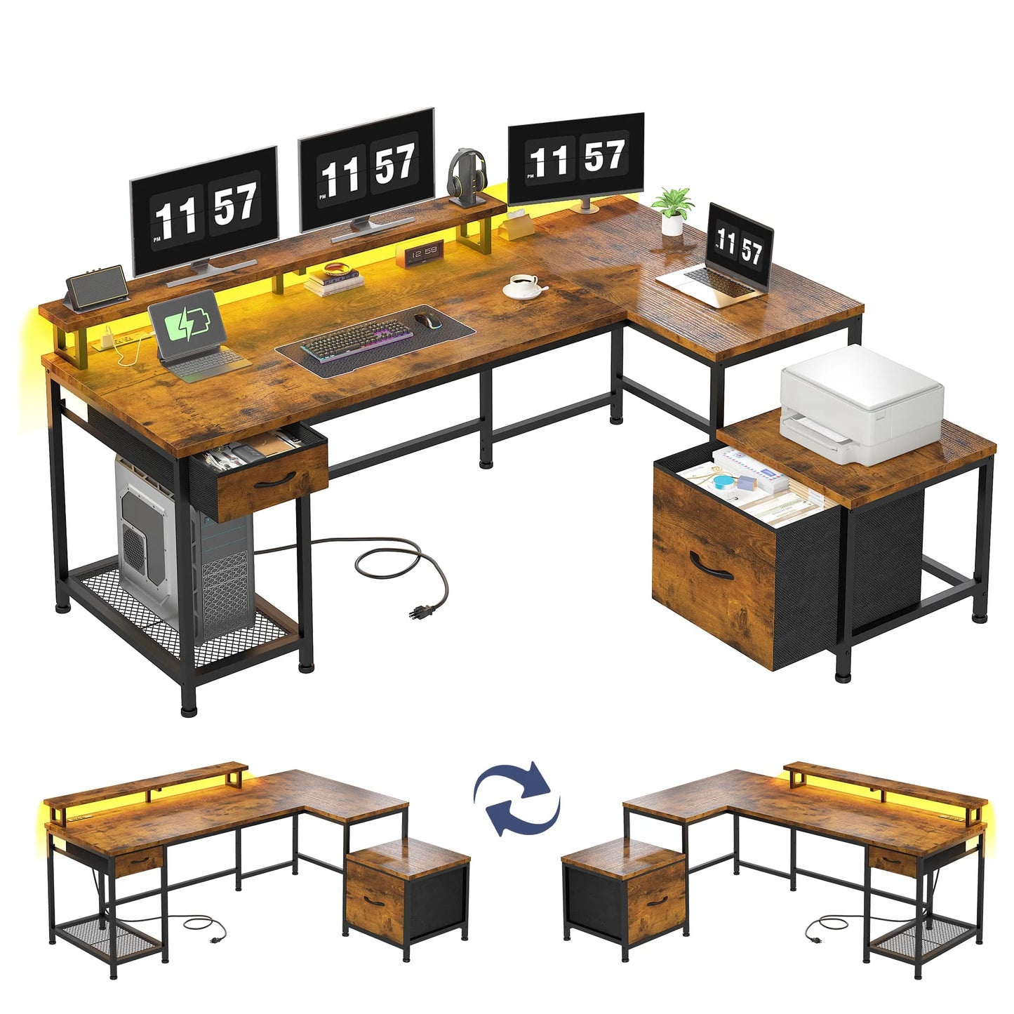 EnHomee L Shaped Gaming Desk With Reversible Corner RGB Lighting