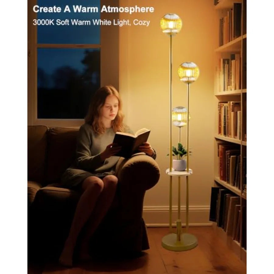 Glass Floor Lamp With Shelf, Dimmable, Mid Century Modern Style