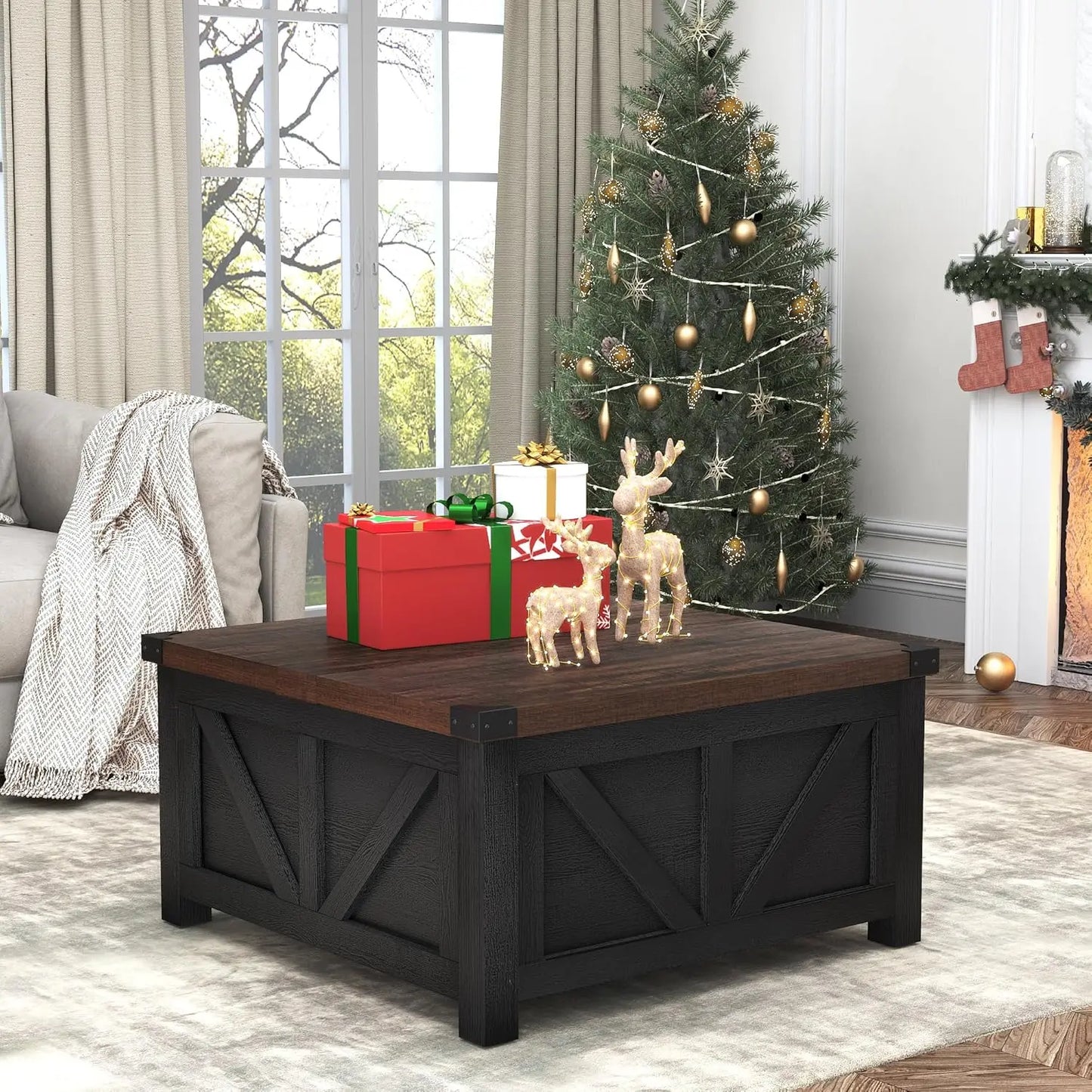 HUANZHUANG Wood Square Coffee Table With Storage And Charging Station